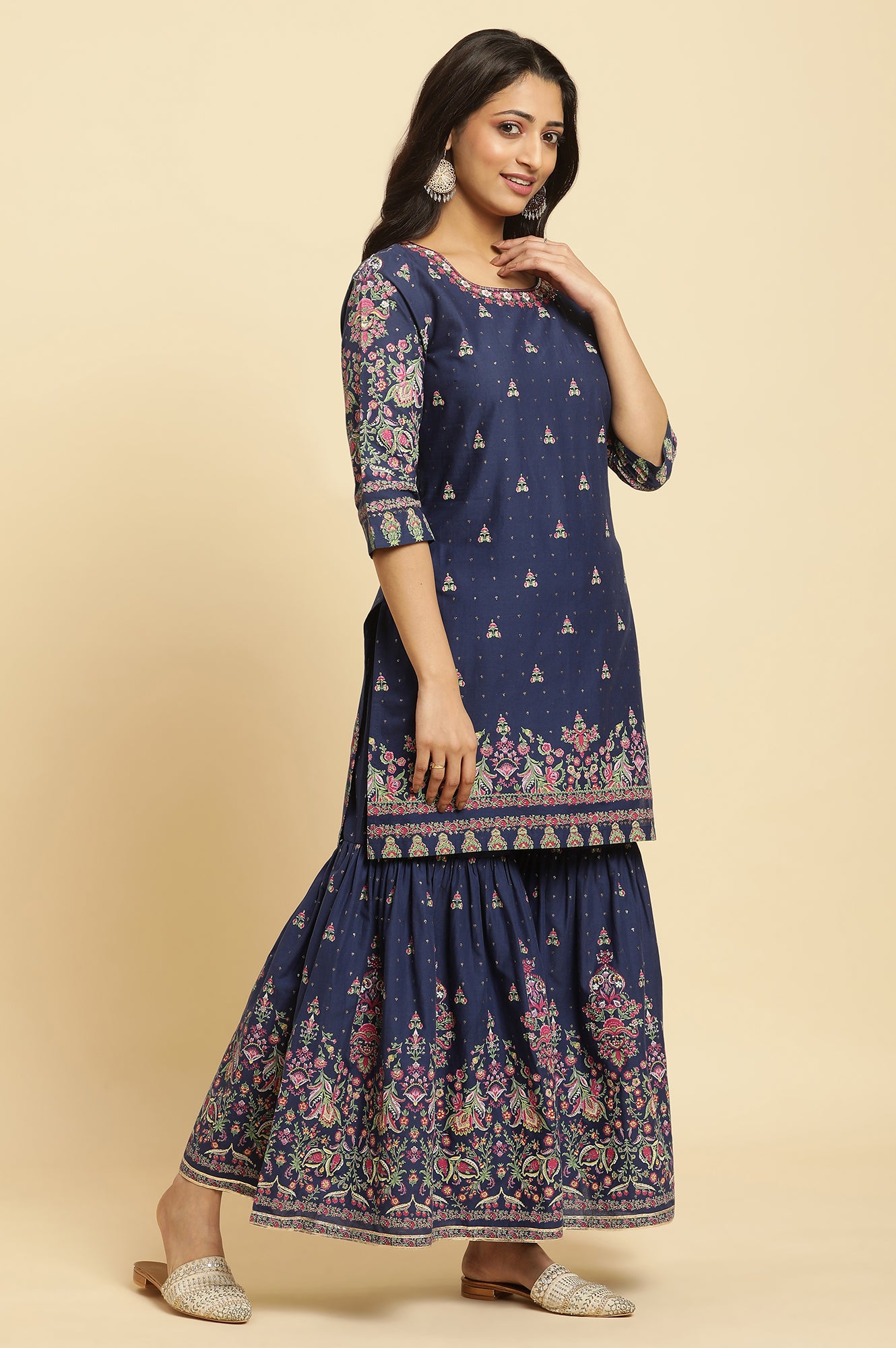 Blue Floral Printed Kurta, Sharara And Dupatta Set - Image 4