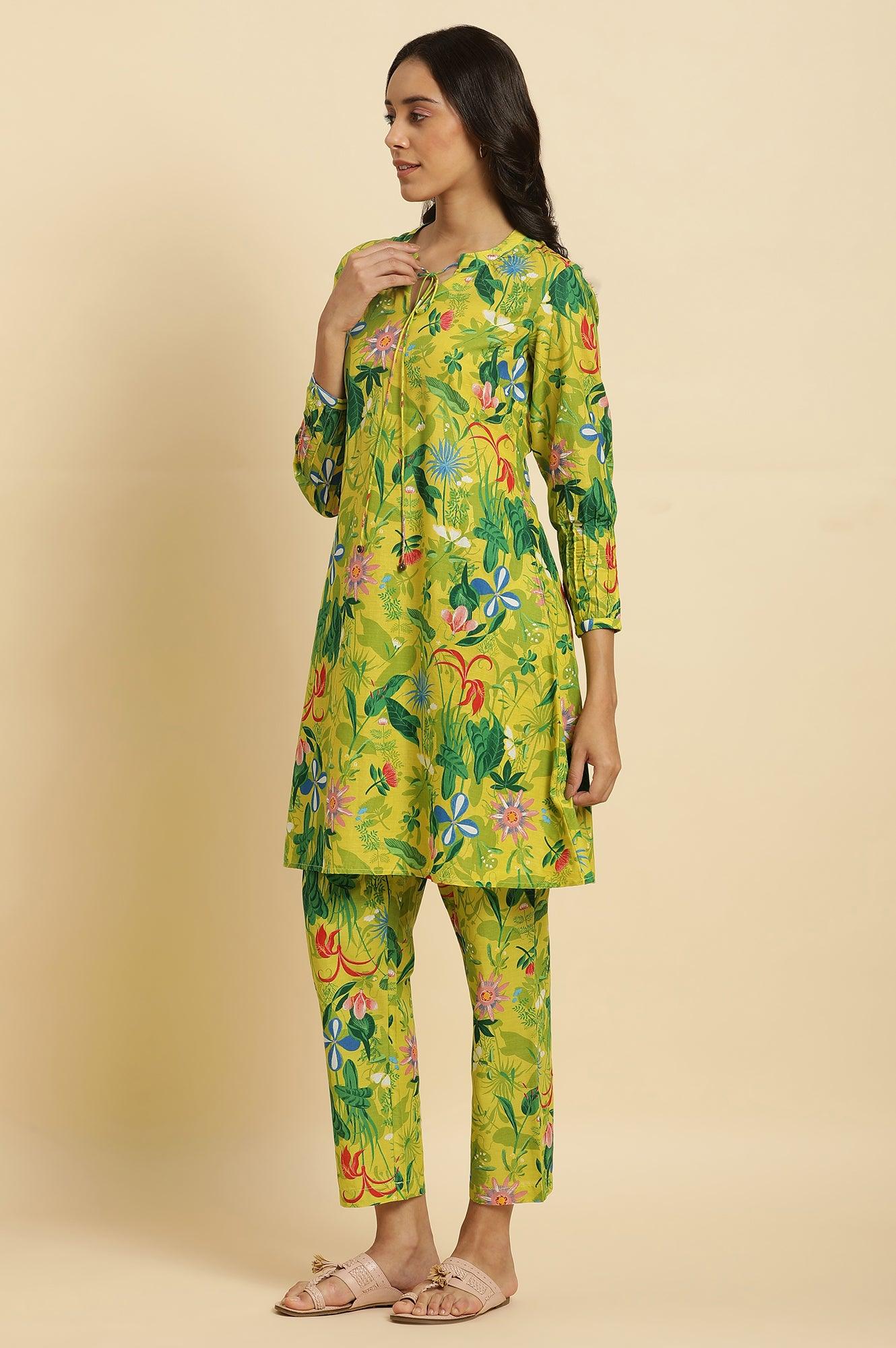 Green Floral Printed A-Line Kurta & Pants Co-Ord Set - Image 5