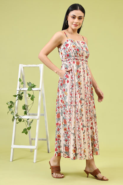 Off-White Vibrant Floral Printed Pure Cotton Flared Spaghetti Dress - Image 3