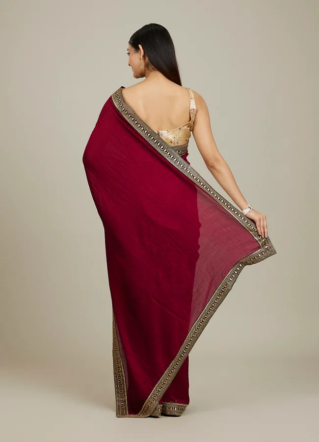 Rose Red Embroidered Border Saree - Image 3